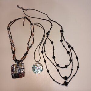Lot of 3 black necklaces - pearls w/ faceted glass beads, abalone & seed beads